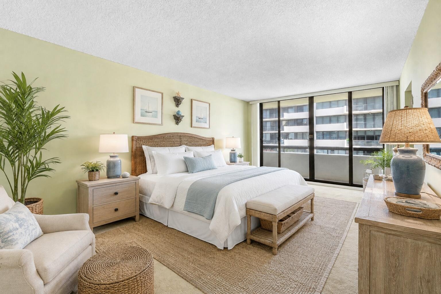 Generously scaled guest bedroom demonstrates how comfortably the second suite accommodates a full bedroom arrangement. Virtually staged; furnishings a