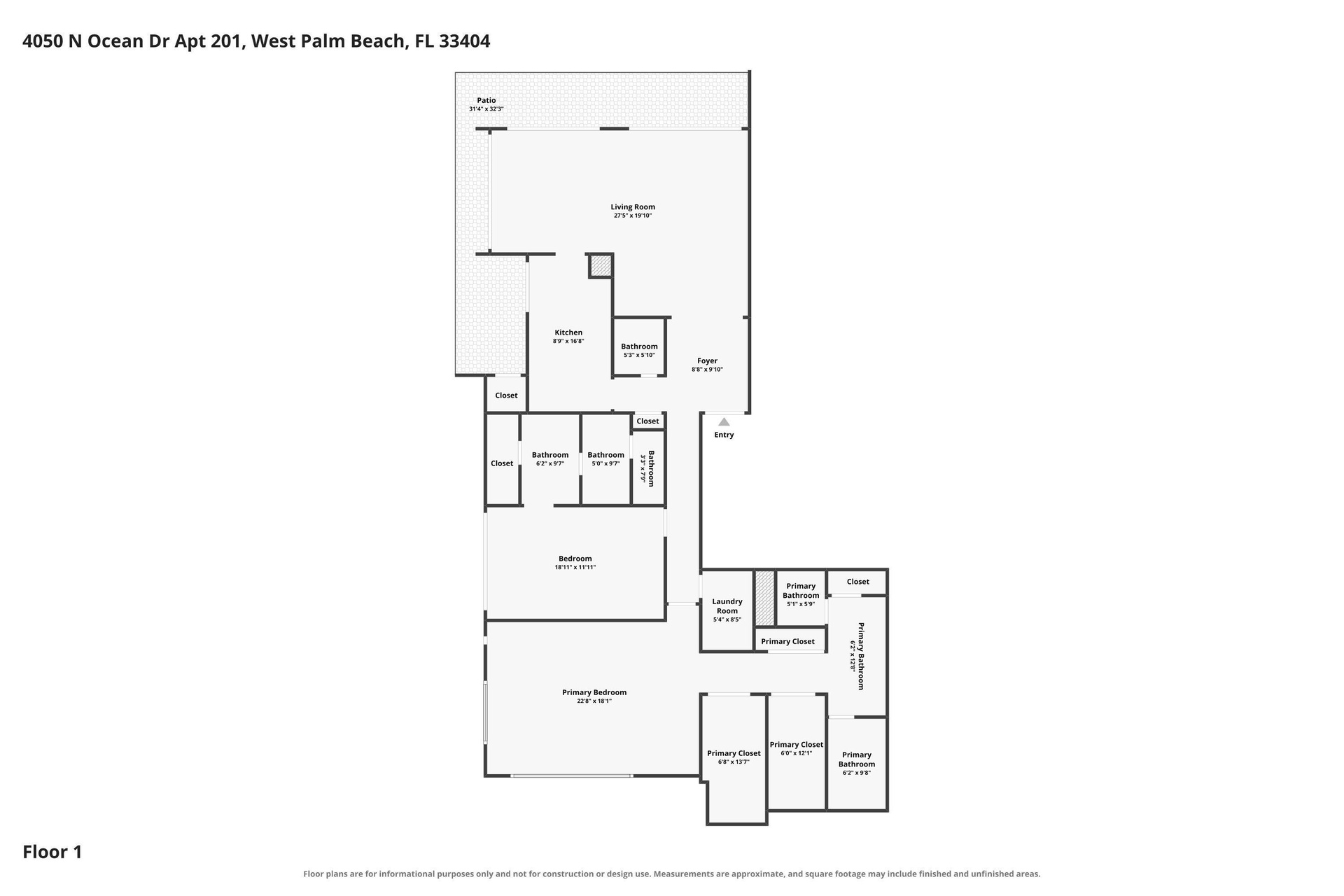 Front-to-back floor plan showcases approximately 2,224 SF with expansive ocean-facing living and dining areas, two generous bedroom suites, 3.5 baths,