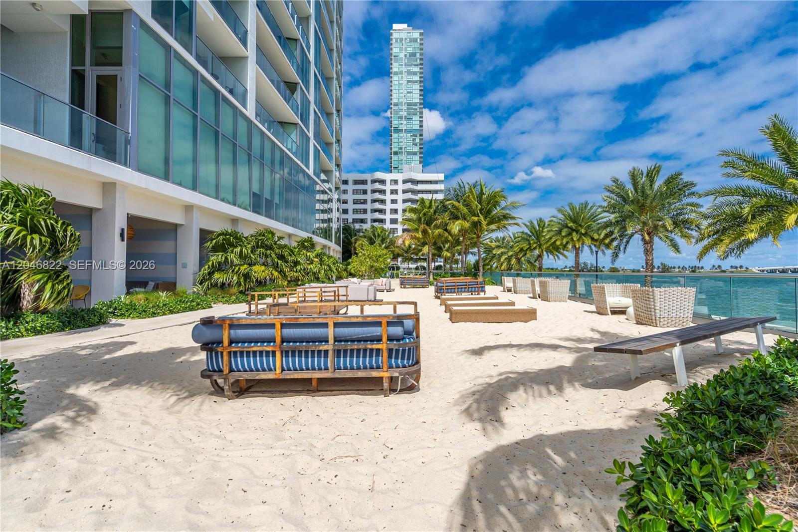 Designer lobby lounge with indoor-outdoor seating at Biscayne Beach