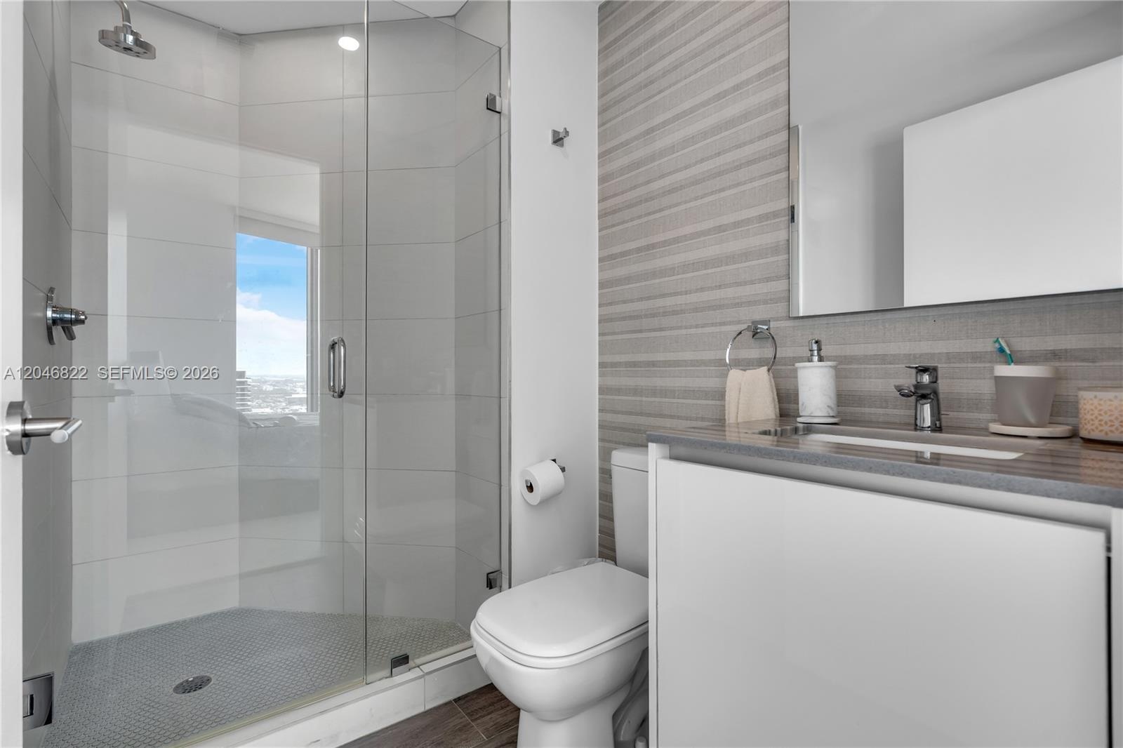 Furnished balcony with panoramic city and bay outlook