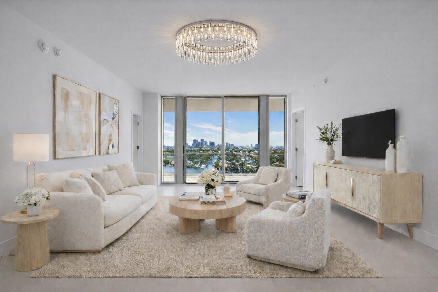 The living room, The chandeliers are not included but they are super low priced at www.sofary.com. Virtually staged.