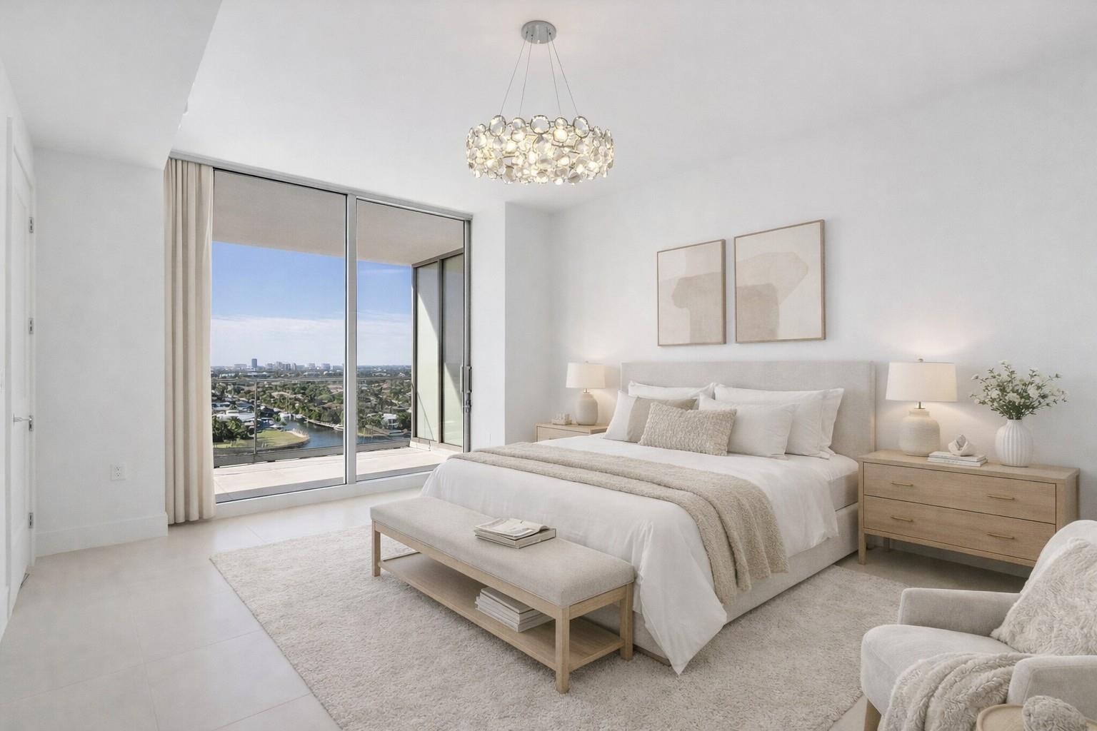 Lots of space and a view of the Marina and Las Olas yachts passing by when you wake up,soft carmel & creme & white colors are in for the beachy look. 