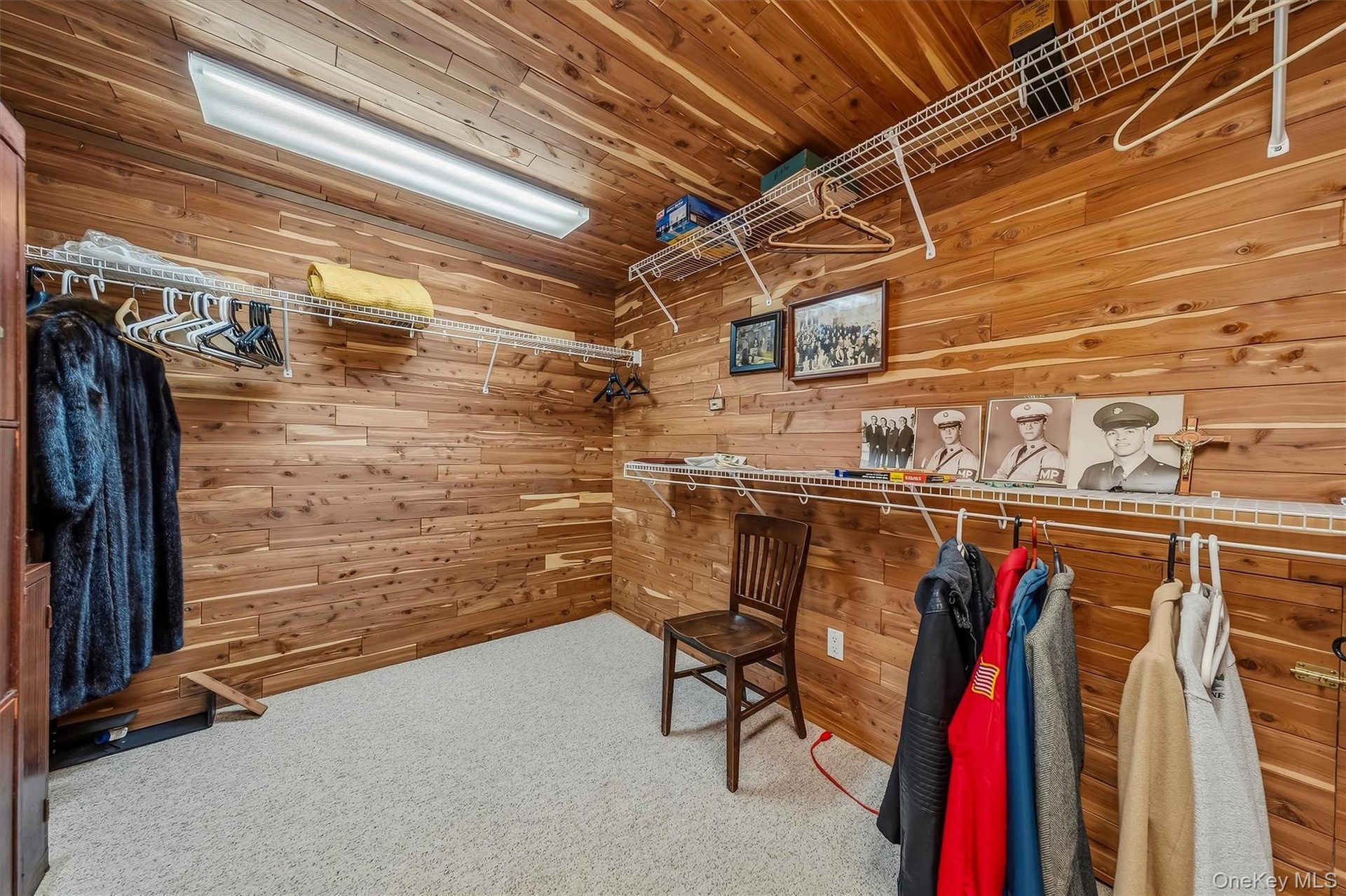 Wood-paneled walls and ceiling, carpeted flooring, and extensive wire shelving