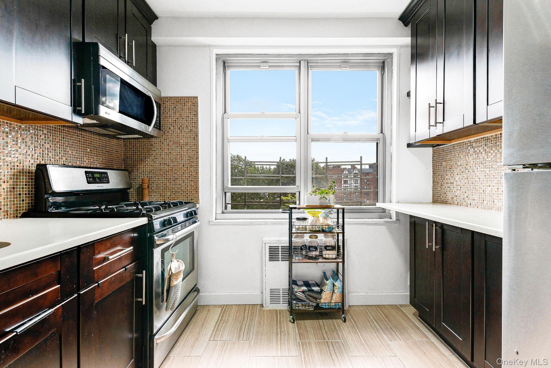 Kitchen featuring backsplash, stainless steel appliances, and dark cabinets