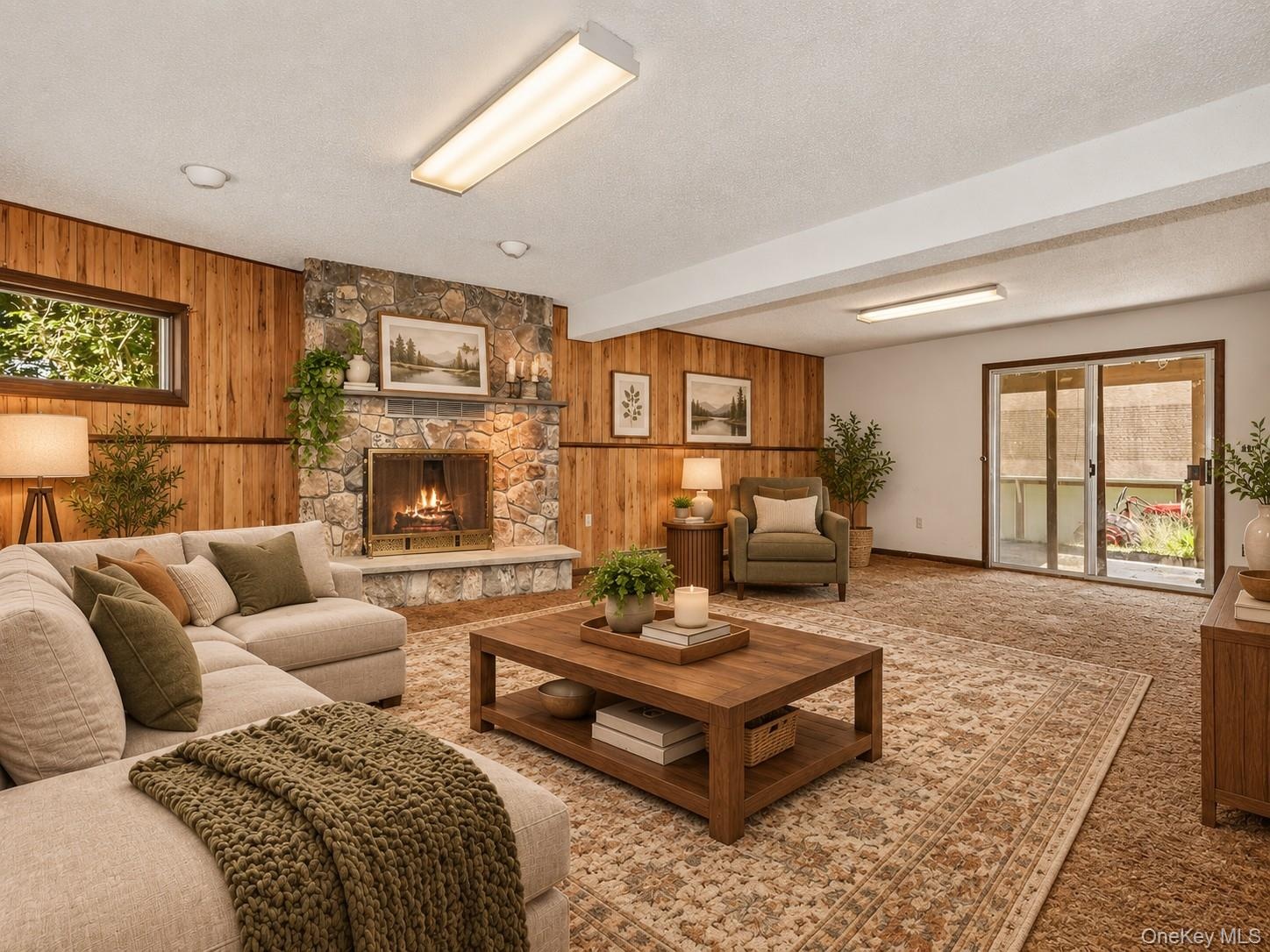 Walkout Family room with woodburning fireplace / Virtually Staged