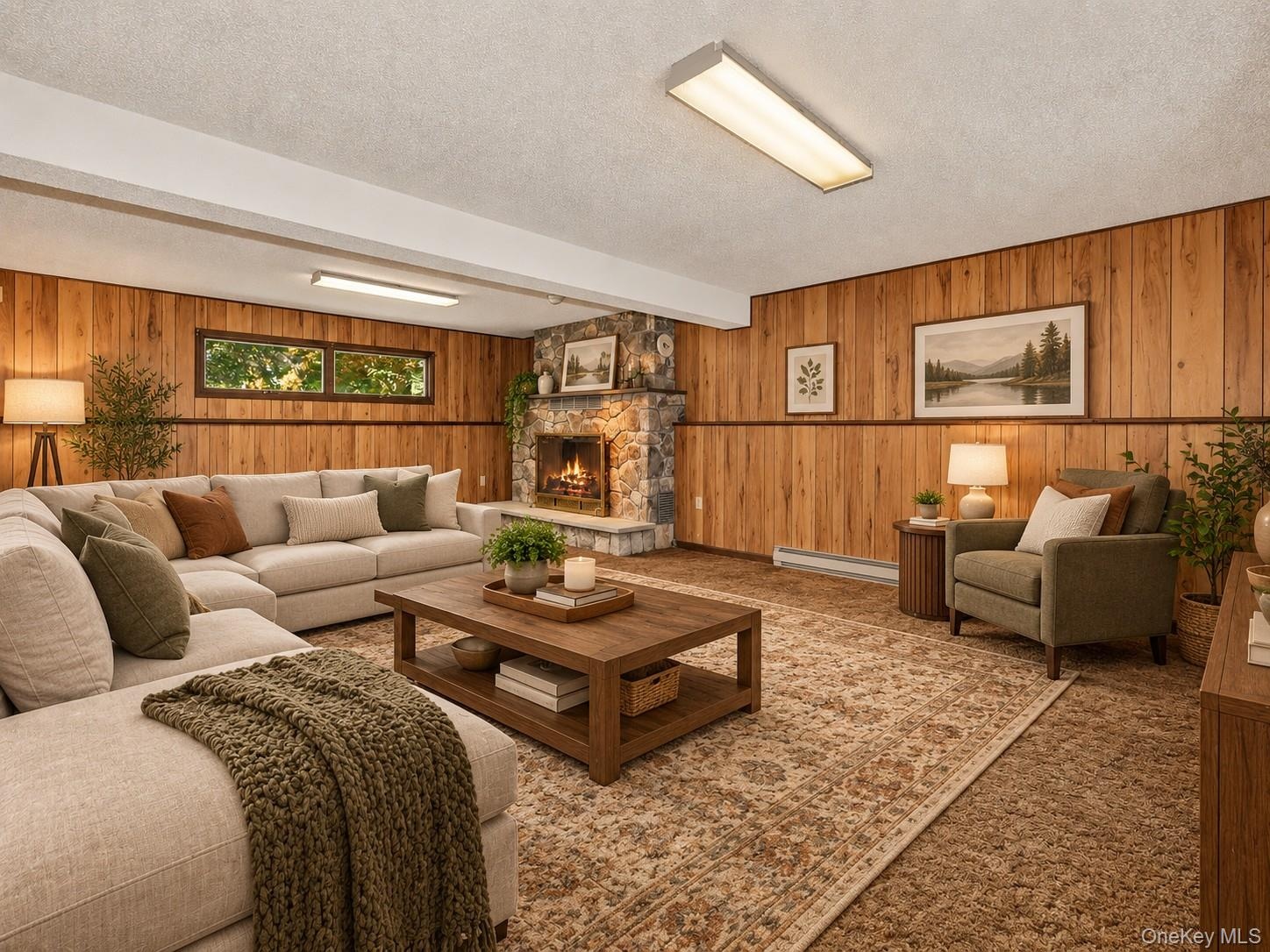 Walkout Family room with woodburning fireplace / Virtually Staged