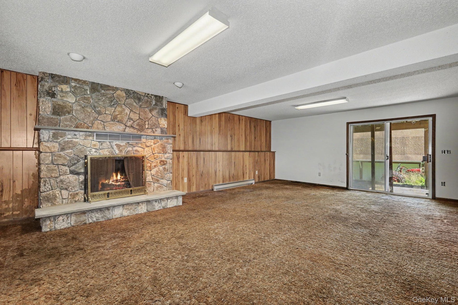 Walkout Family room with woodburning fireplace