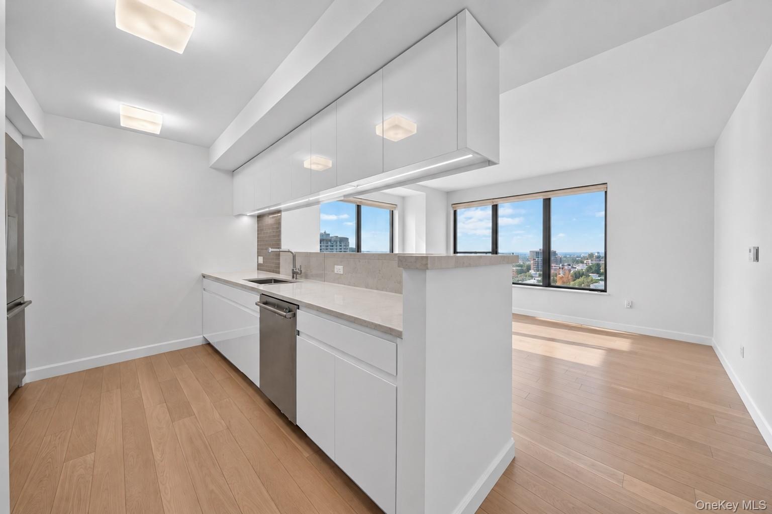 Open-concept kitchen with white cabinetry, stainless steel appliances, light-toned countertops, and wood-finish flooring