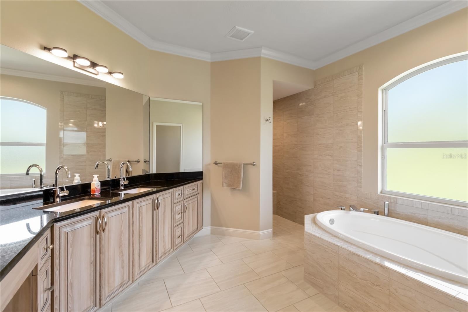 Primary bathroom with ample counter space, double sinks and granite counters. The walk-in shower and soaking tub are pictured here. There is also a se