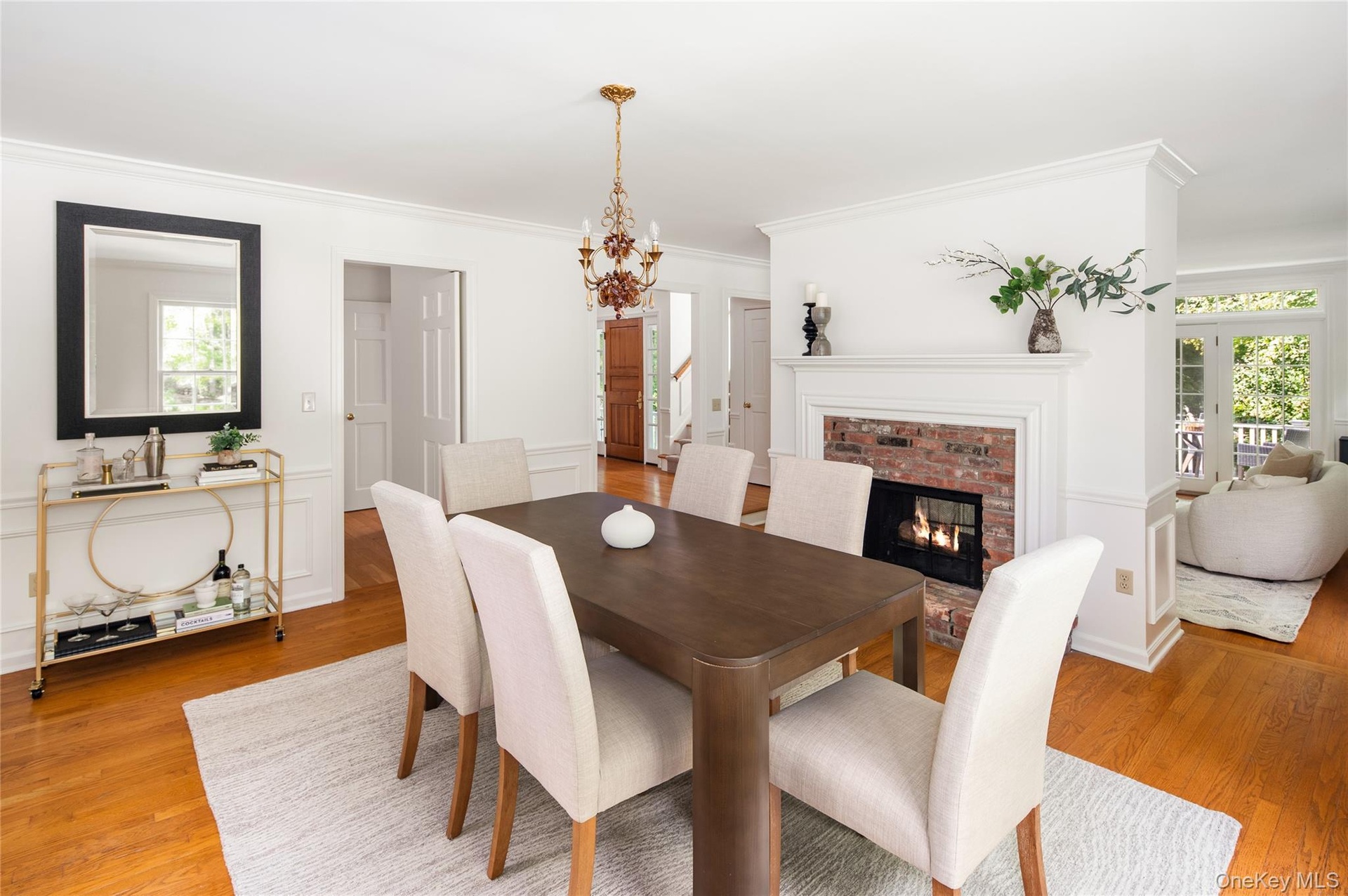 Formal dining room with double sided fireplace