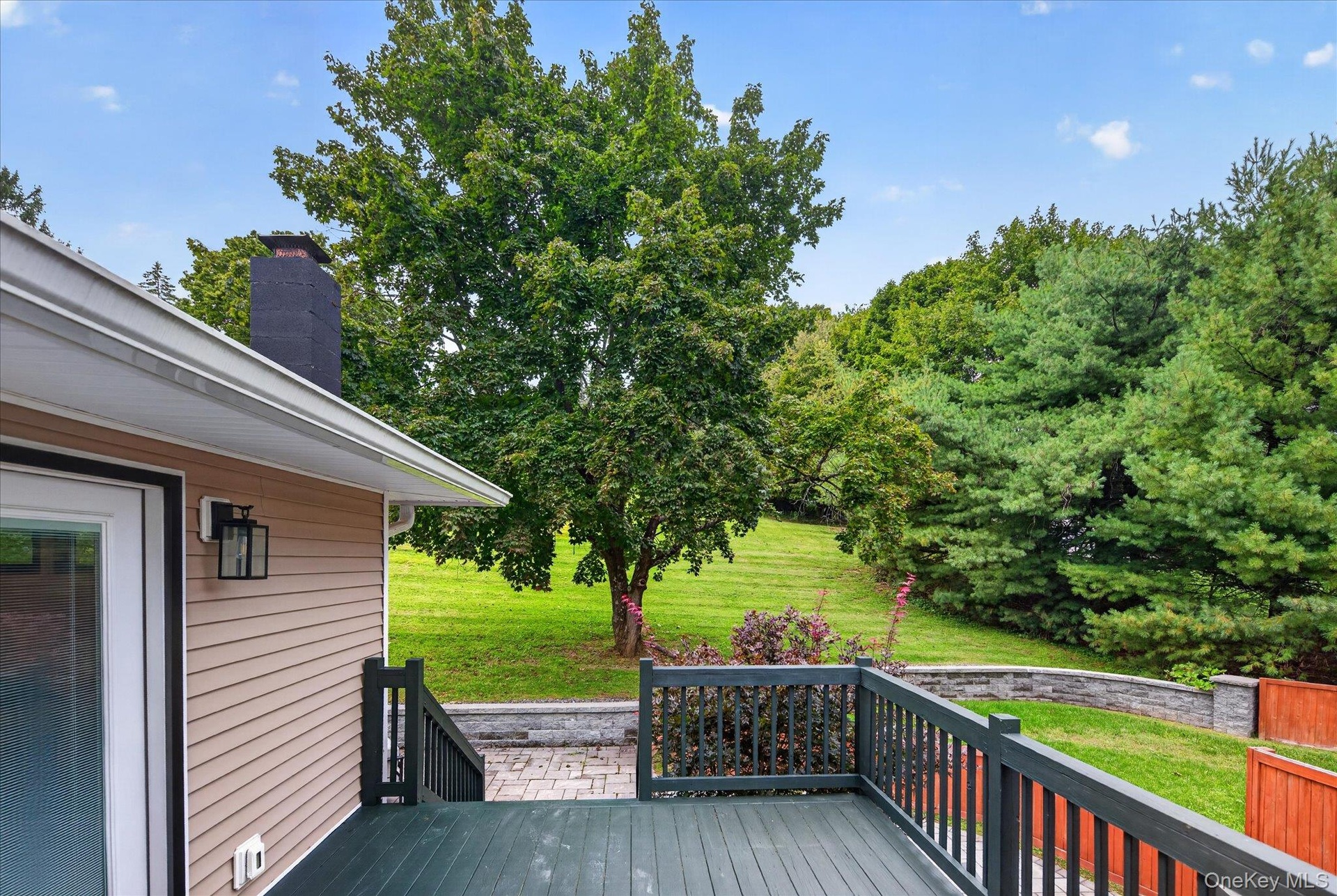Exterior deck with dark wood-finish flooring and black railings