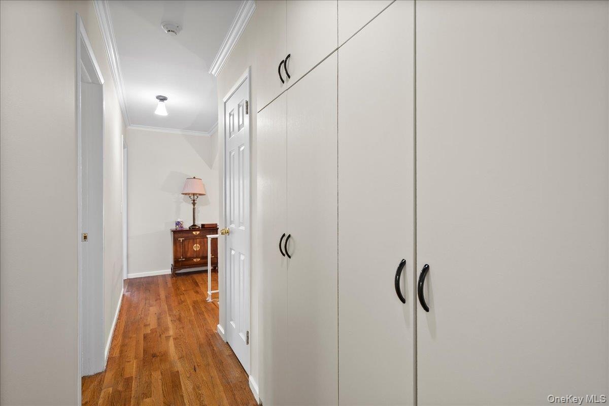 Hallway with floor to ceiling closets.