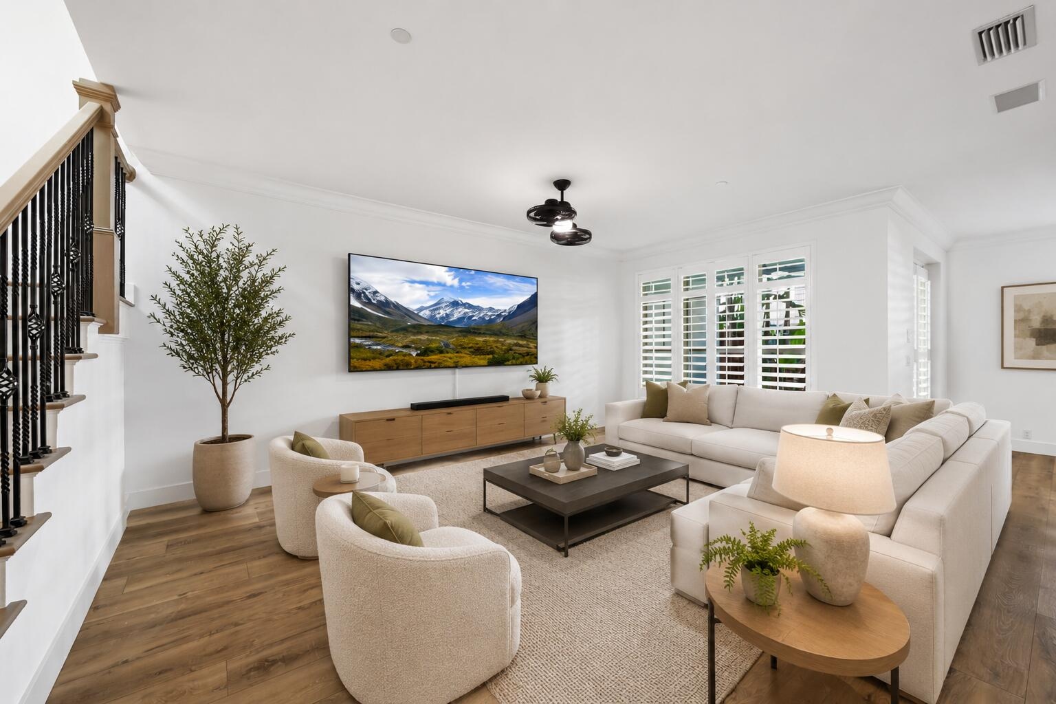 Casual lounge with staged furniture for perspective.