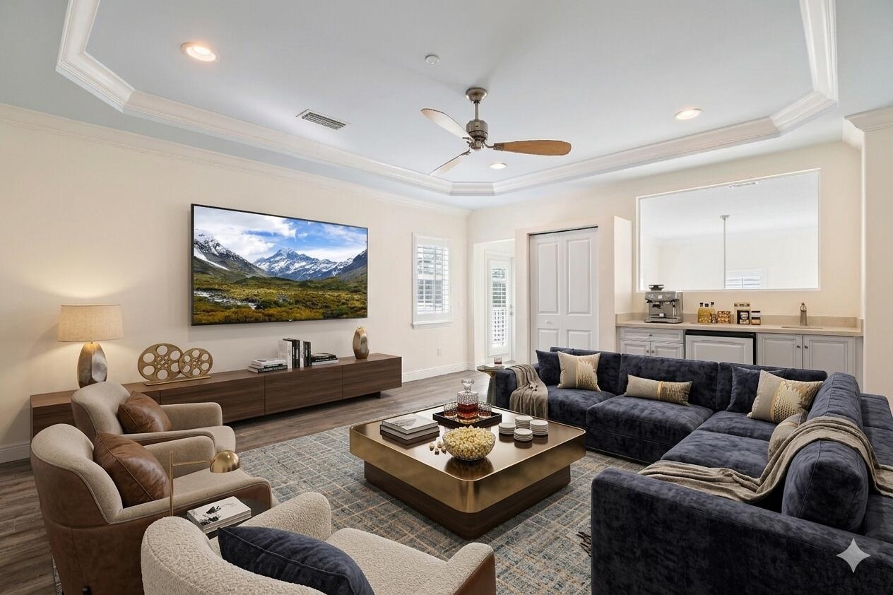 Entertainment room/Den with staged furniture for perspective.