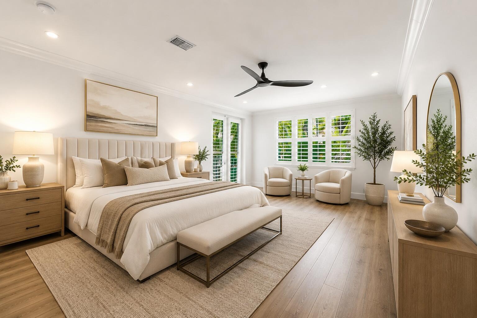 Primary bedroom with staged furniture for perspective.