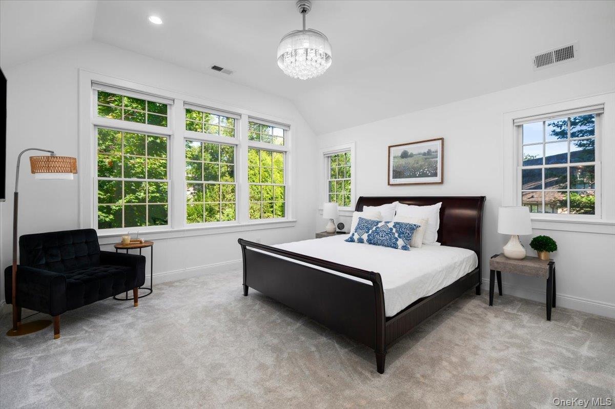 Primary with high, vaulted ceilings and exceptional light