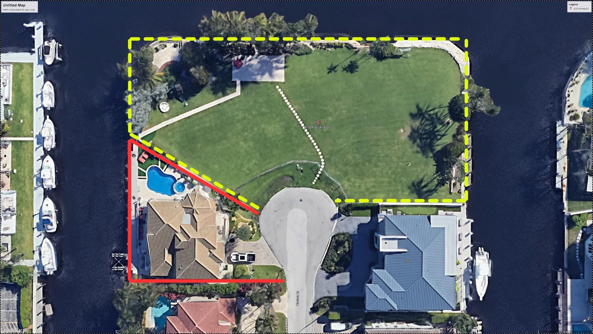 Adjacent lot (yellow border) may also be purchased, creating an extraordinary three-lot waterfront property totaling approx. 34,819 SF (.80 acre) with