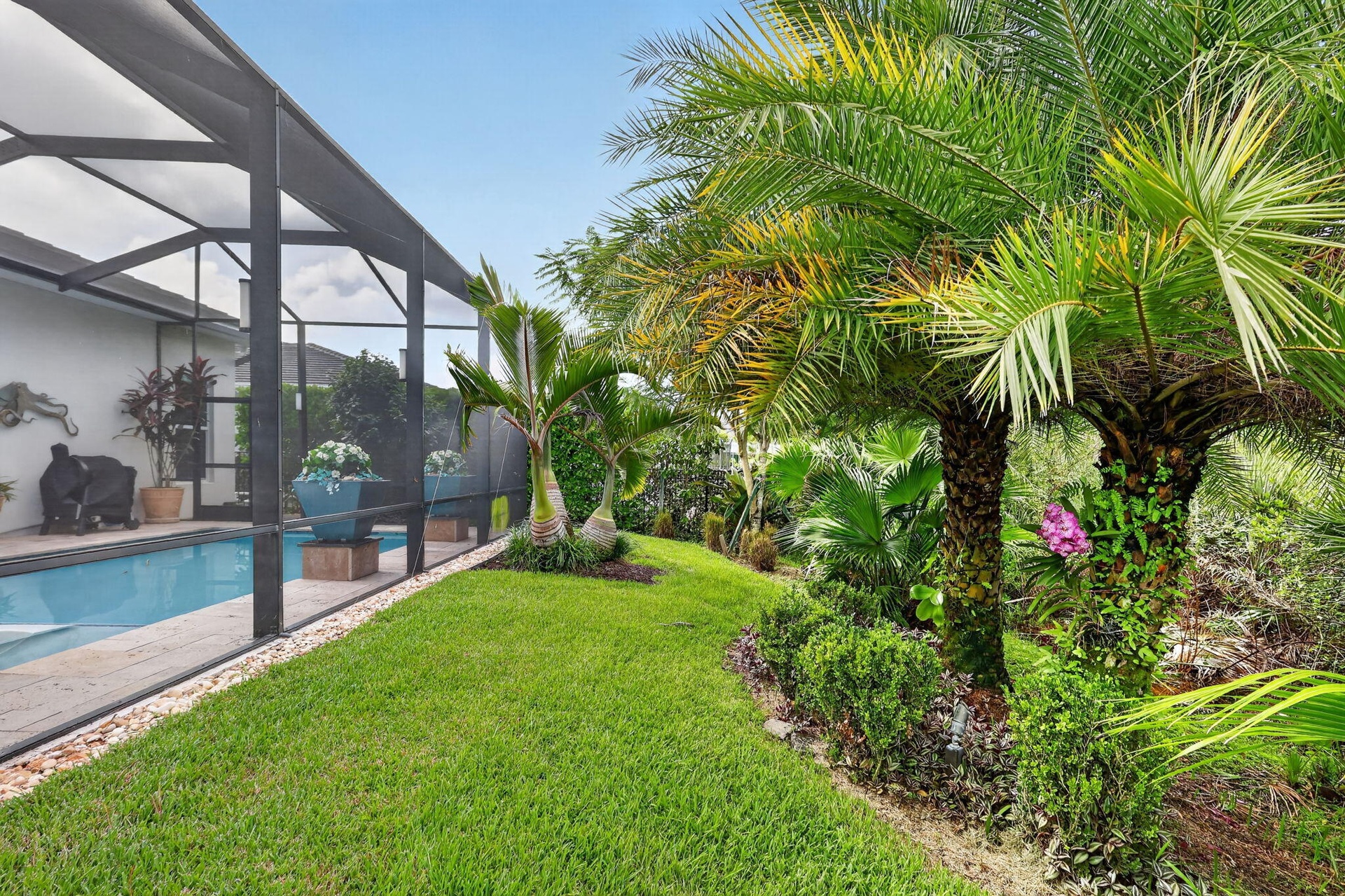 Custom Landscaping with bottle palms, Sylvester palms, Jacaranda and poinciana trees.
