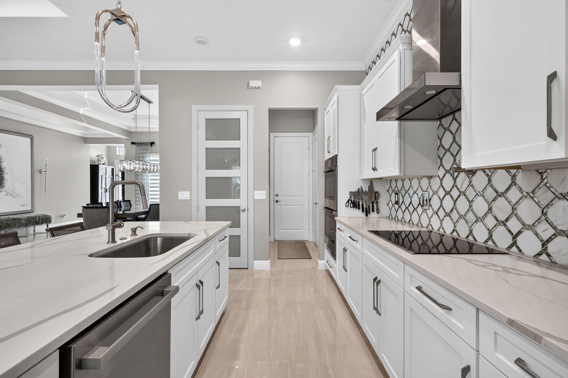 Wood Shaker Cabinet Gourmet Kitchen, high end pendent lights