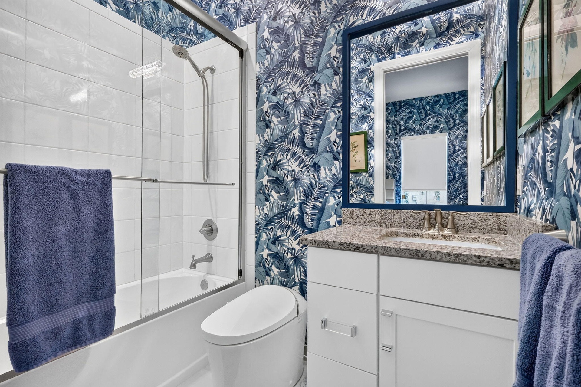 Second Guest Bedroom Bath with bidet toilet, wallpaper, stone vanity.