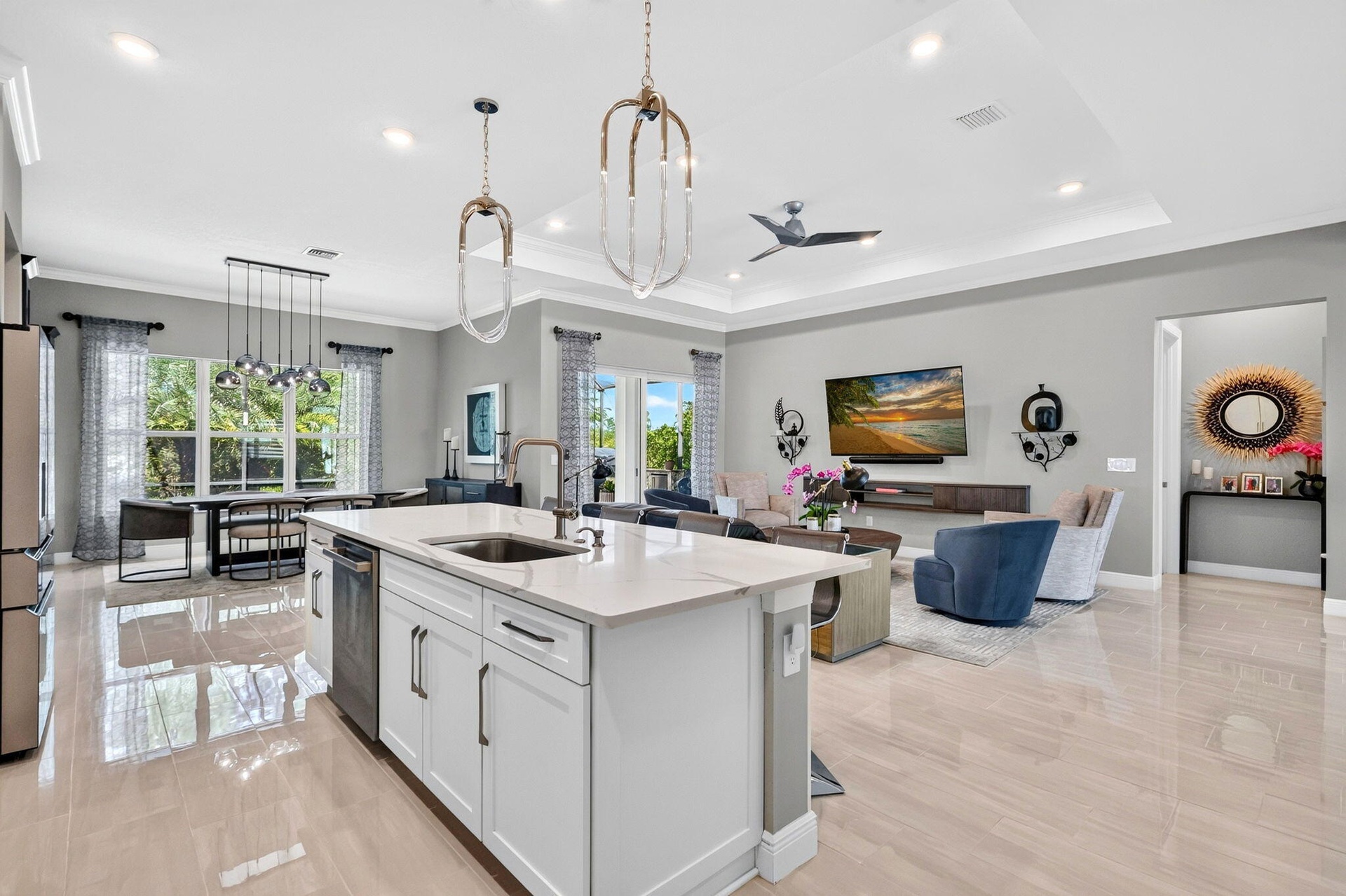 Kitchen island with designer pendant lights