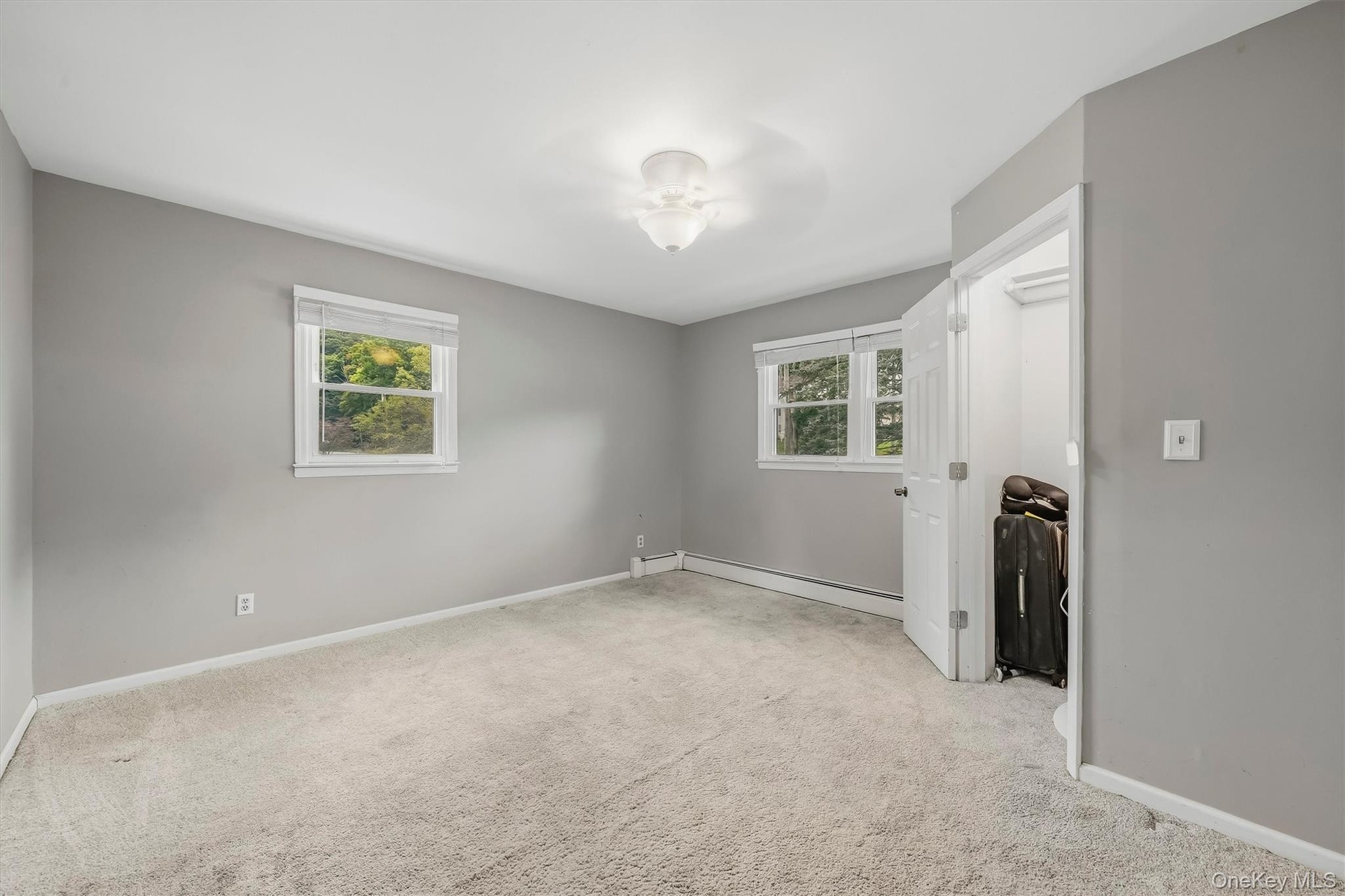 Light gray wall finishes with white trim, two windows, carpet flooring, ceiling-mounted light fixture, and an open closet
