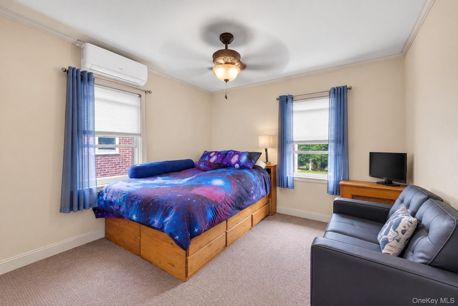 Neutral wall tones with crown molding, ceiling fan, and carpeted flooring