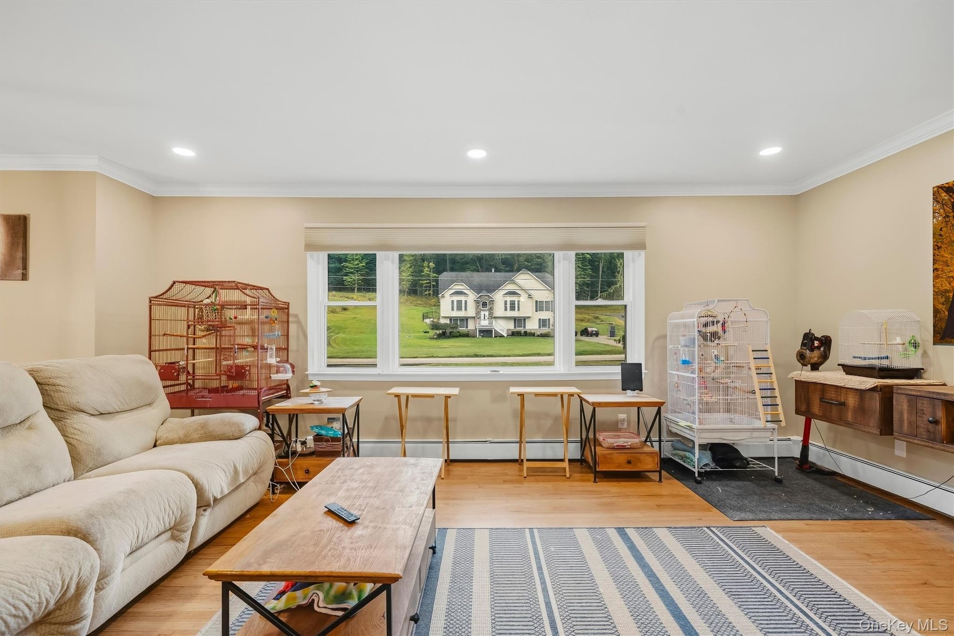 Recessed lighting, crown molding, wood-finish flooring, a large picture window, and a built-in wall console