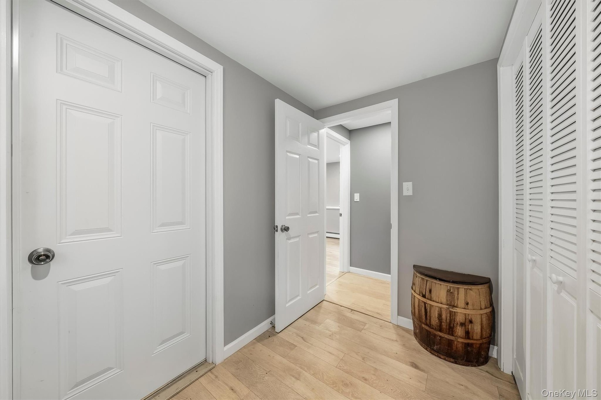 Light wood-finish flooring, white panel doors, and white louvered closet doors