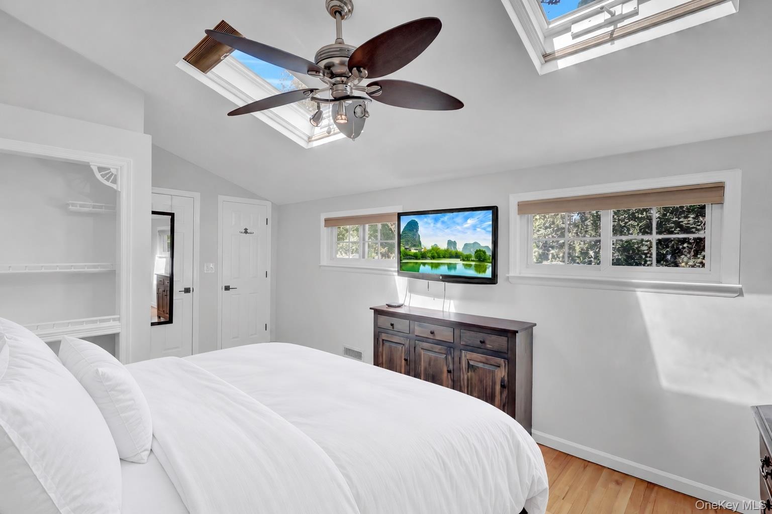 Spacious, 2 skylights, vaulted ceilings, located on the top floor with two large walk-in closets and private bathroom.