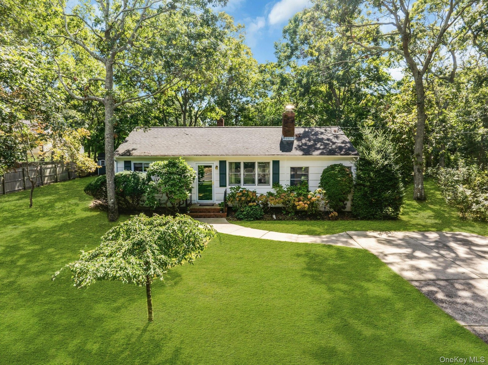 White exterior with dark green shutters, a paved driveway, a concrete pathway, a shingle roof, and mature trees