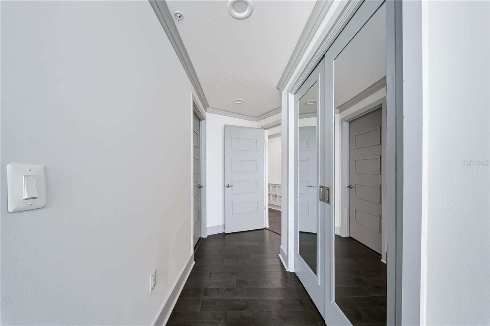 PRIMARY BEDROOM HALL / SECOND CLOSET. Mirror covered double doors has second closet in bedroom hall.
