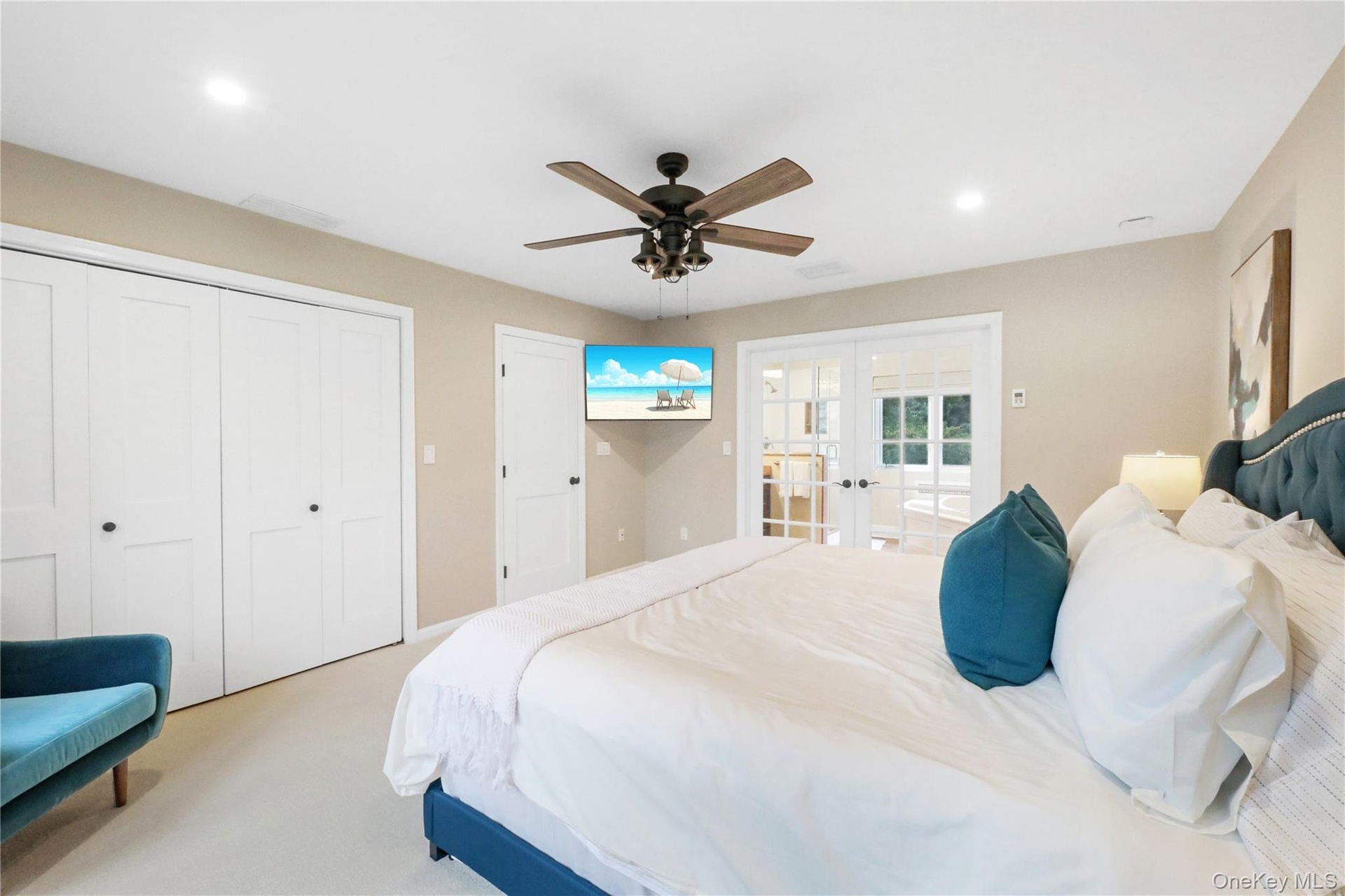 Bedroom with french doors, carpet flooring, a closet, ceiling fan, and recessed lighting