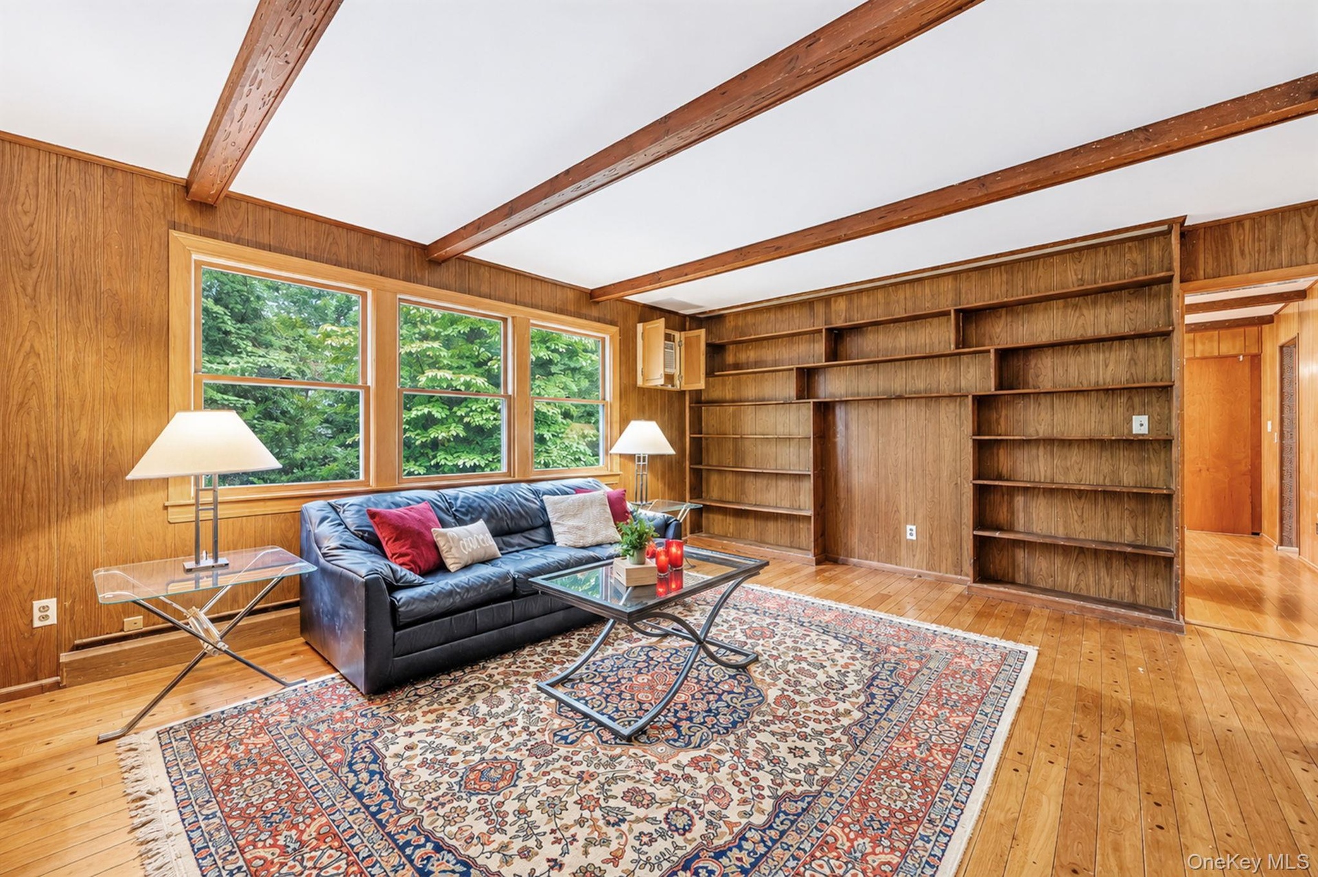 large window and bookcases