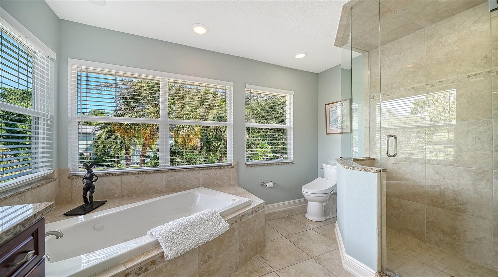Spacious primary bath with jetted tub, separate shower and abundant natural light.