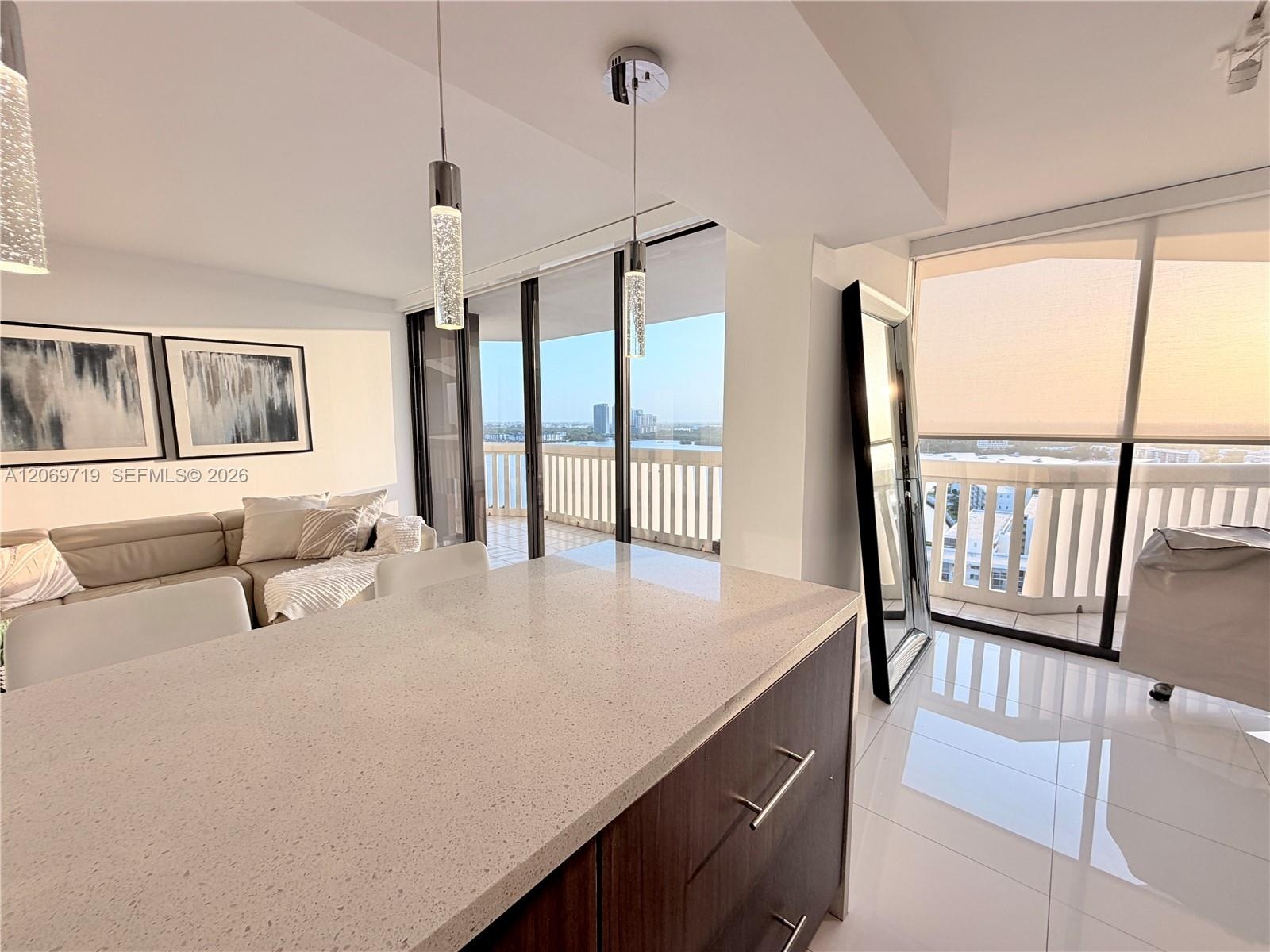 kitchen with view to living room and open countertop