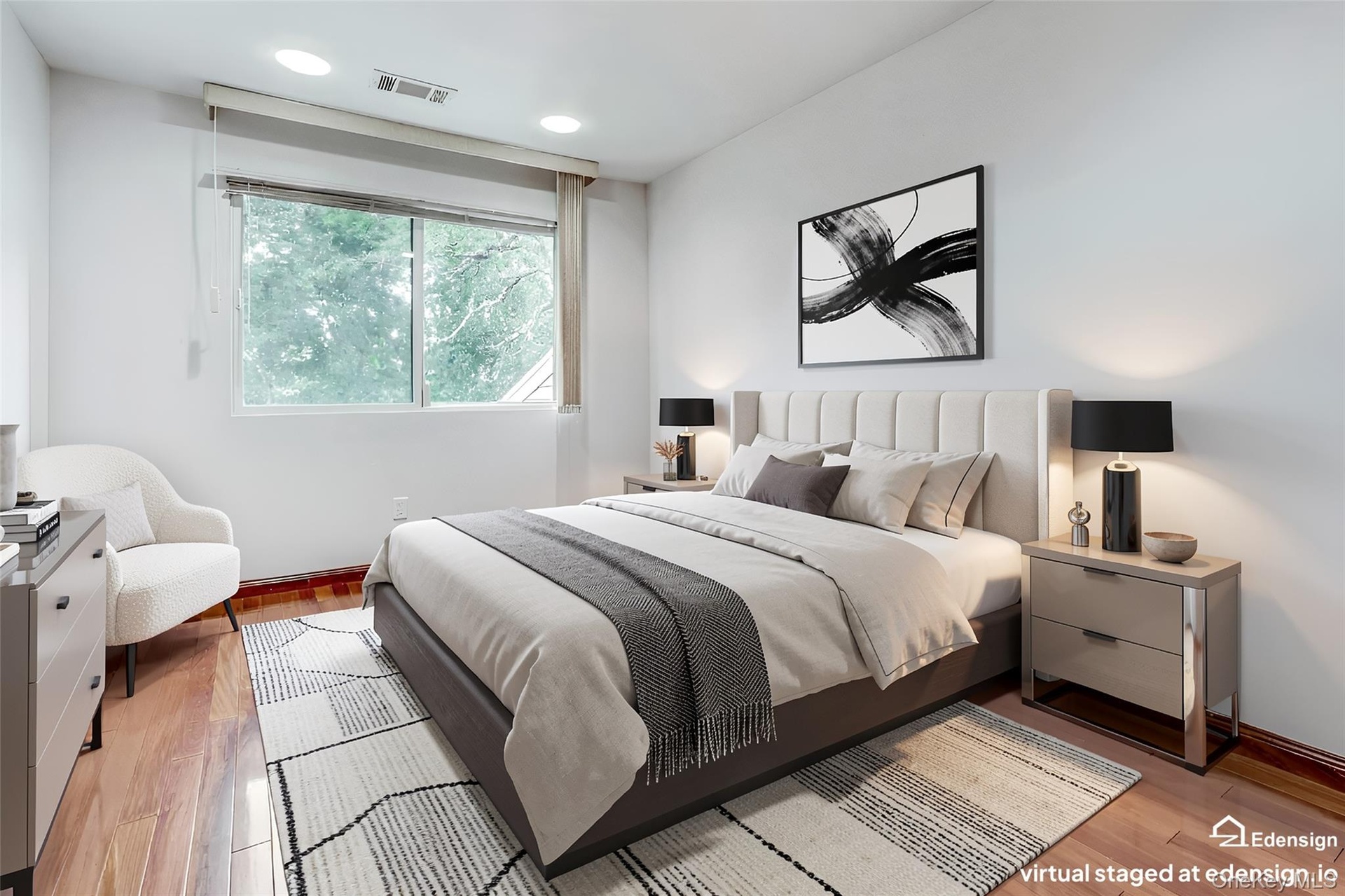 Virtually Staged bedroom with wood floors