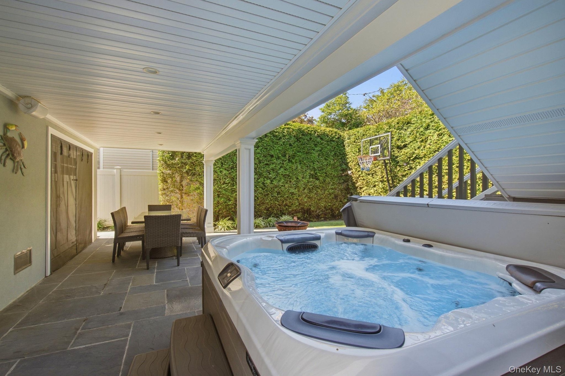 Hot tub and storage under the deck stairs