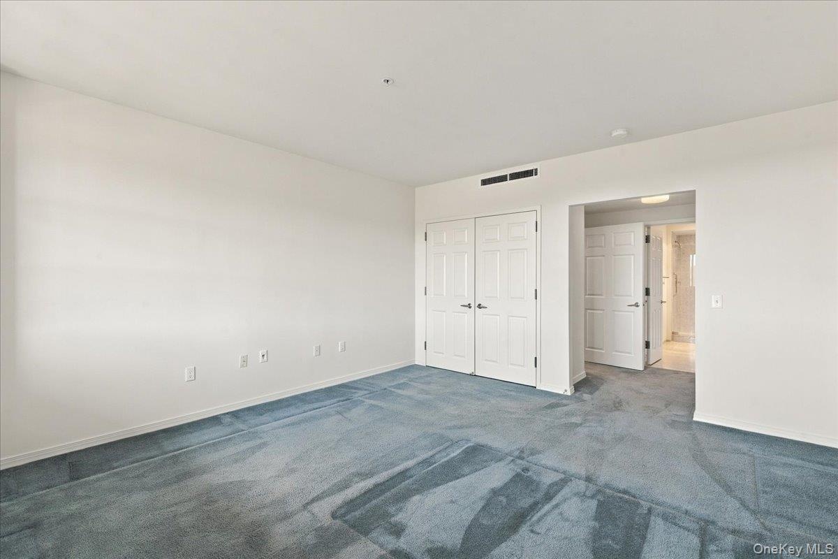 White walls, light blue carpeting, and dual panel doors with dark hardware