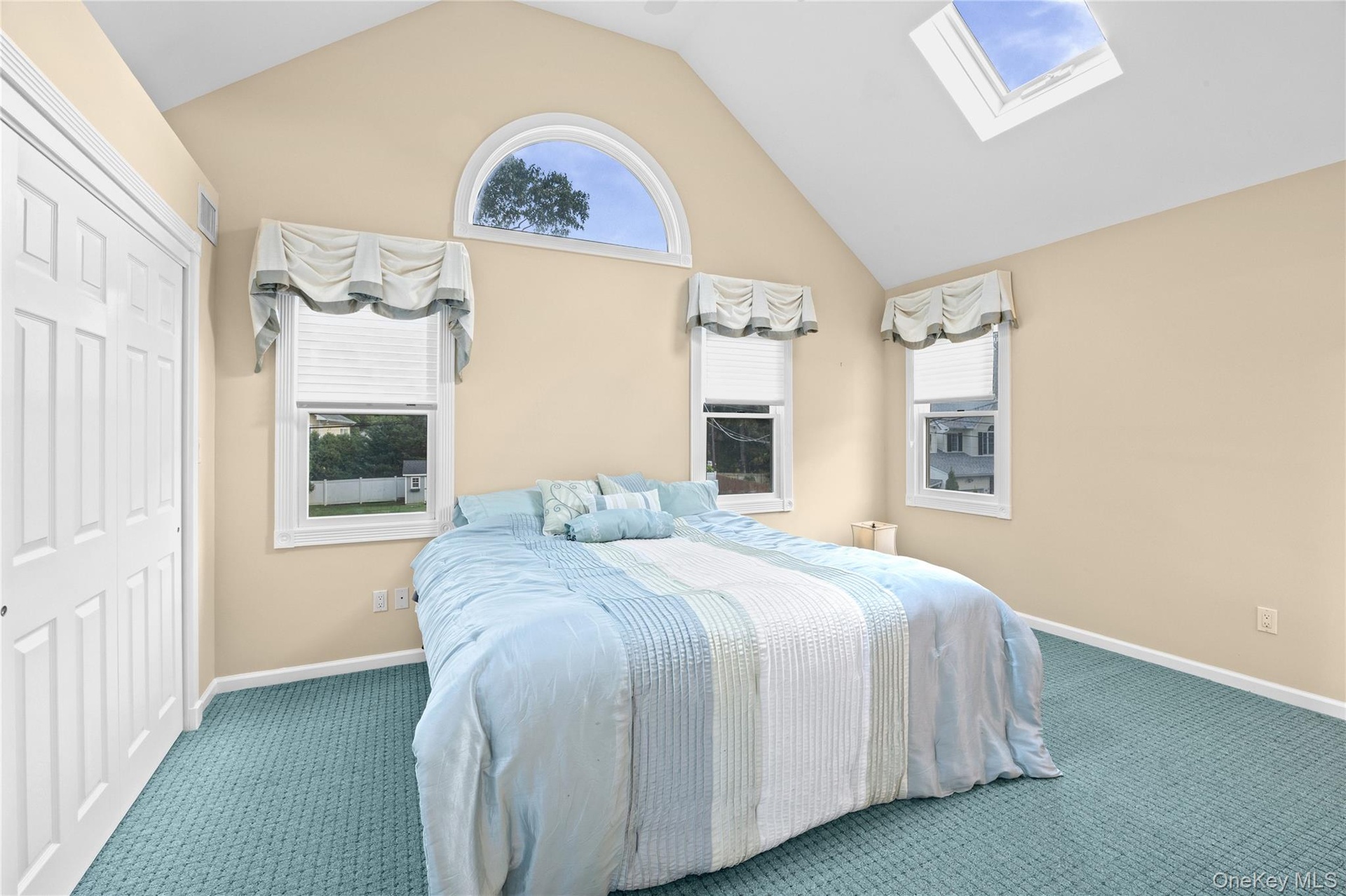 Vaulted ceiling, arched window, skylight, and wall-to-wall carpeting