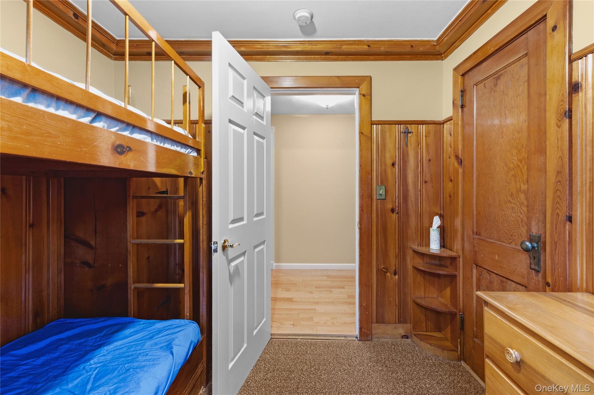 Built-in bunk bed with ladder, wood paneling, wood-finish door, and carpet flooring