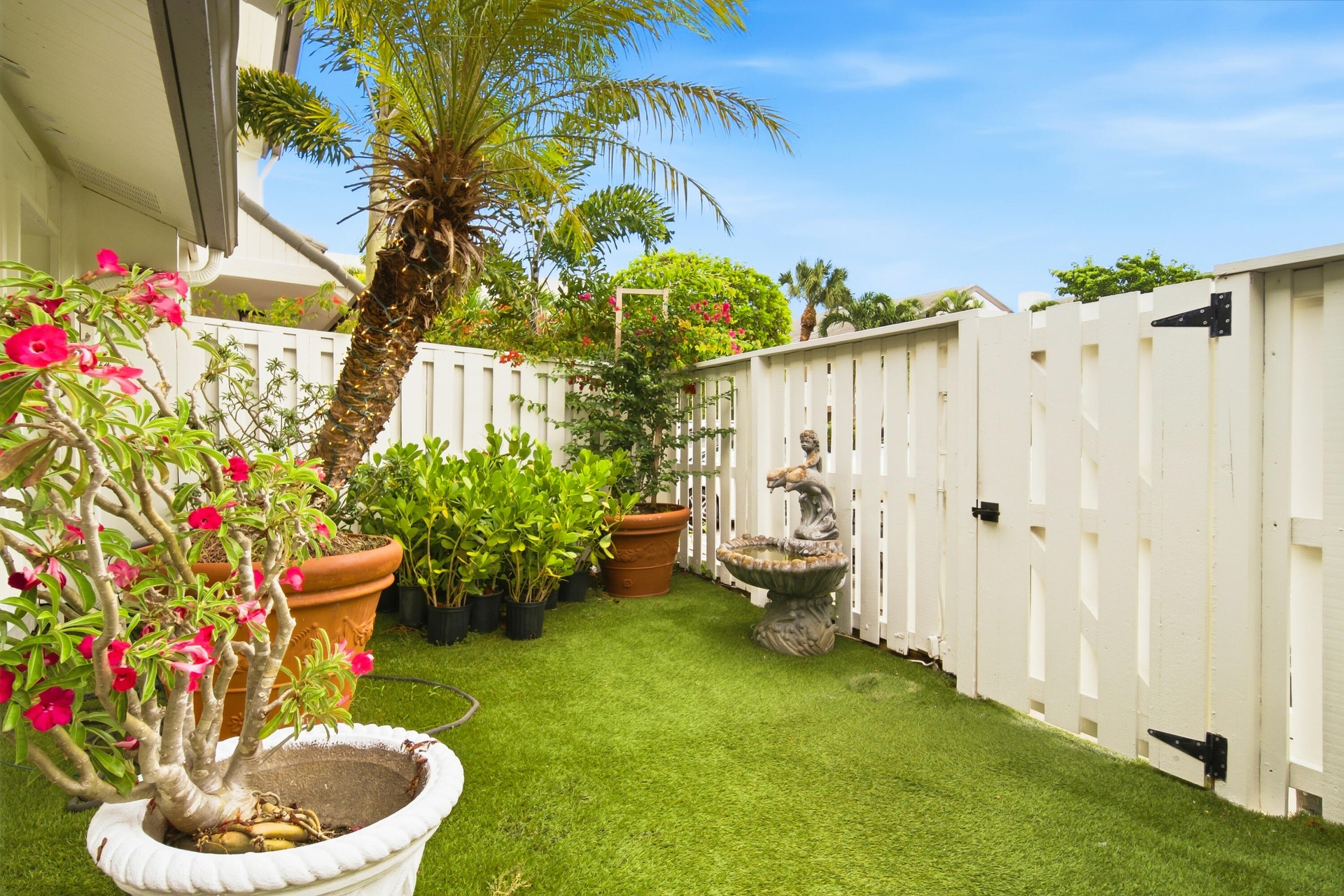 Private outdoor area featuring artificial turf, white picket fencing, and mature palm tree