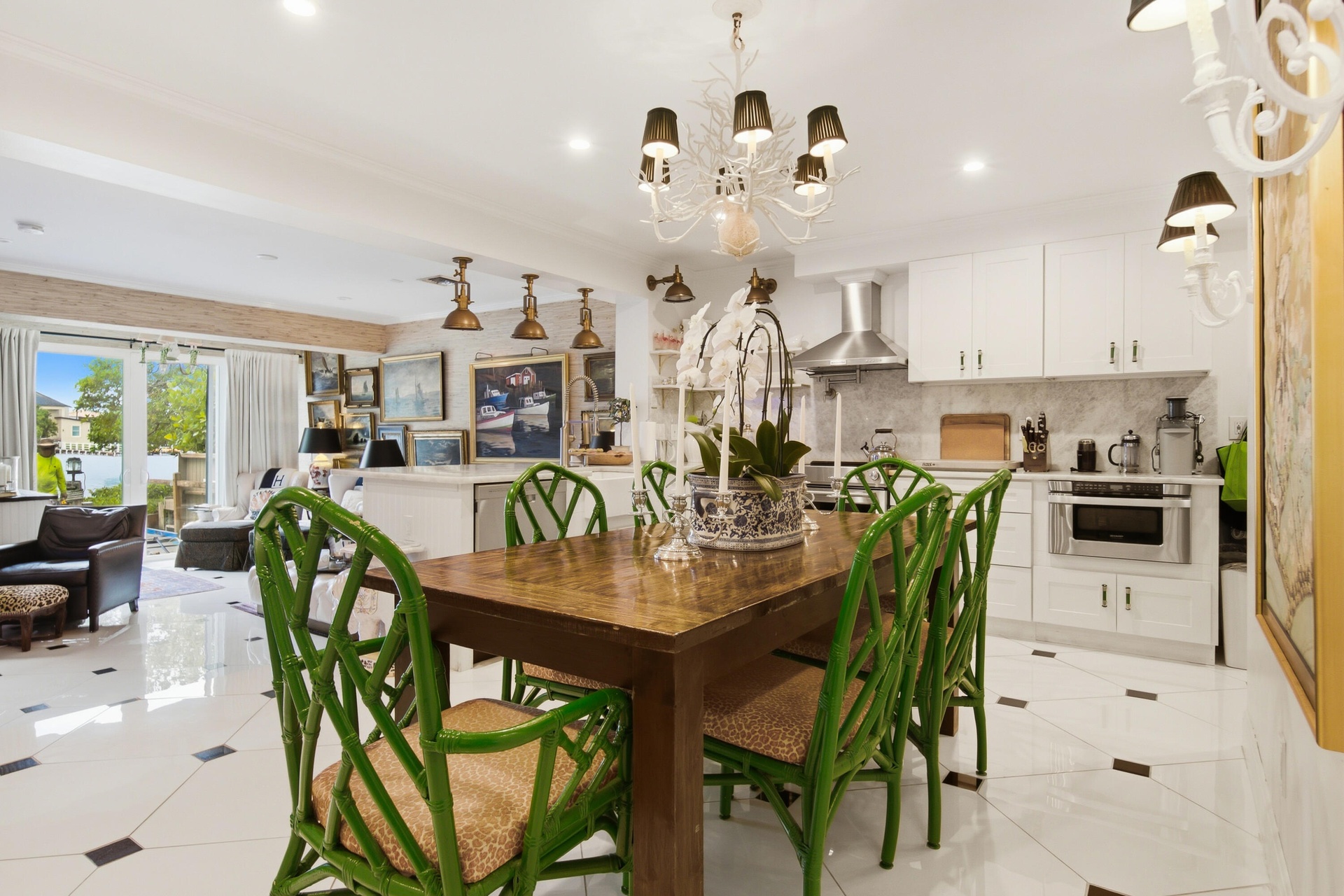 Gleaming tile flooring with dark accent squares