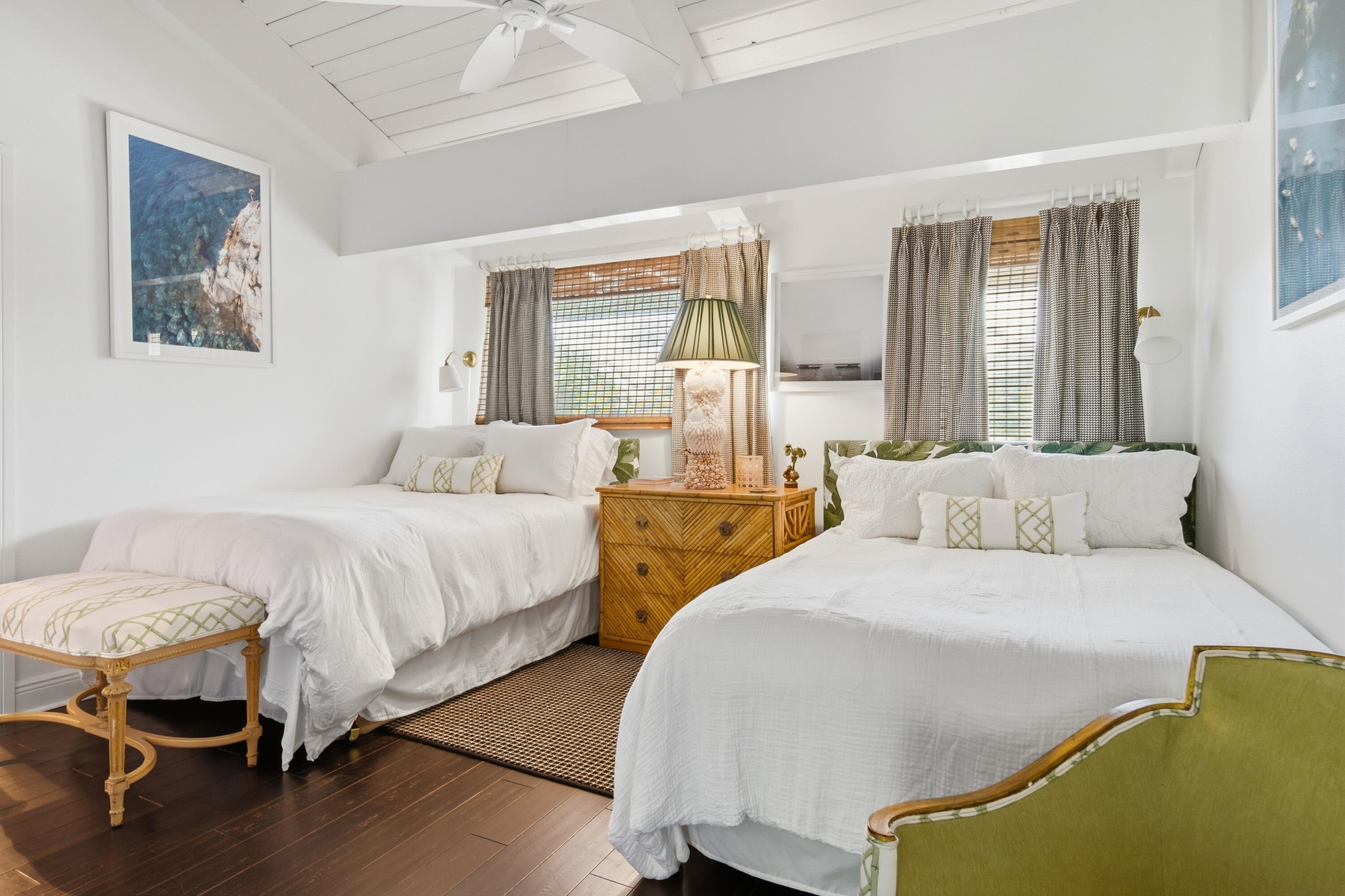 Vaulted ceiling with exposed beams, ceiling fan, dark wood-finish flooring, and recessed window with blinds