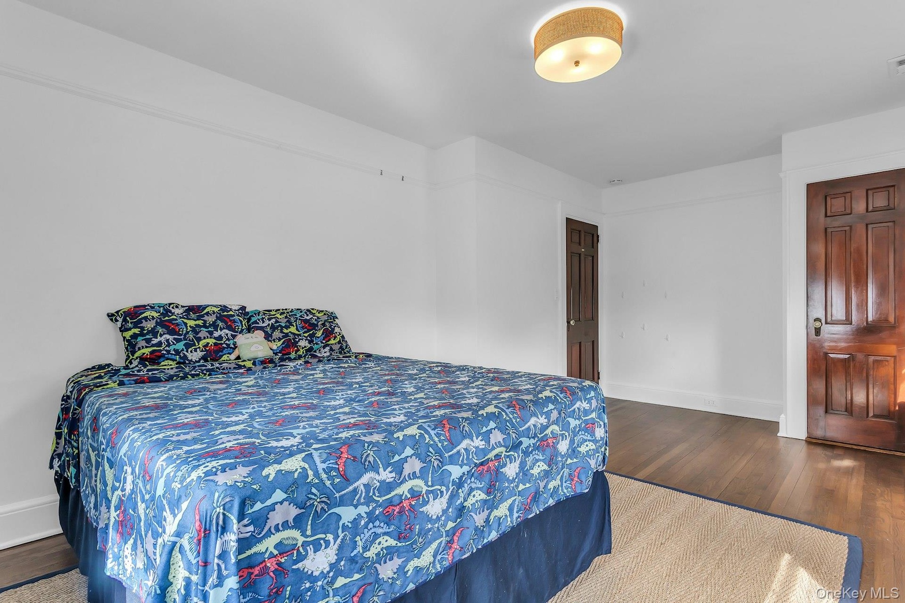 Hardwood flooring complemented by white walls, a flush-mount ceiling light fixture, and two panel doors