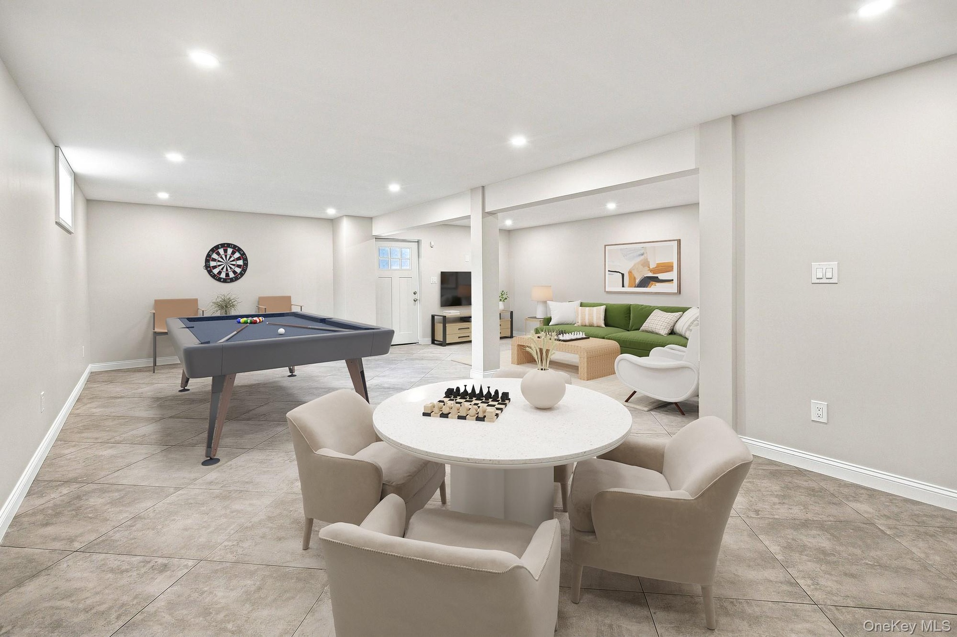 Spacious lower level featuring recessed lighting, light-toned walls, and a ceramic tile flooring.VIRTUAL STAGING