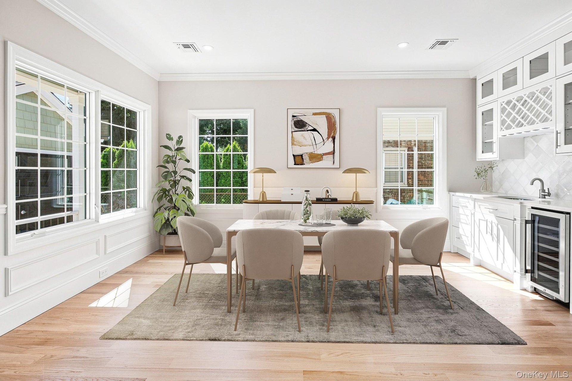 Dining Room - light wood-finish flooring, multiple paneled windows, recessed lighting, built-in cabinetry with glass inserts, and a beverage cooler.VI