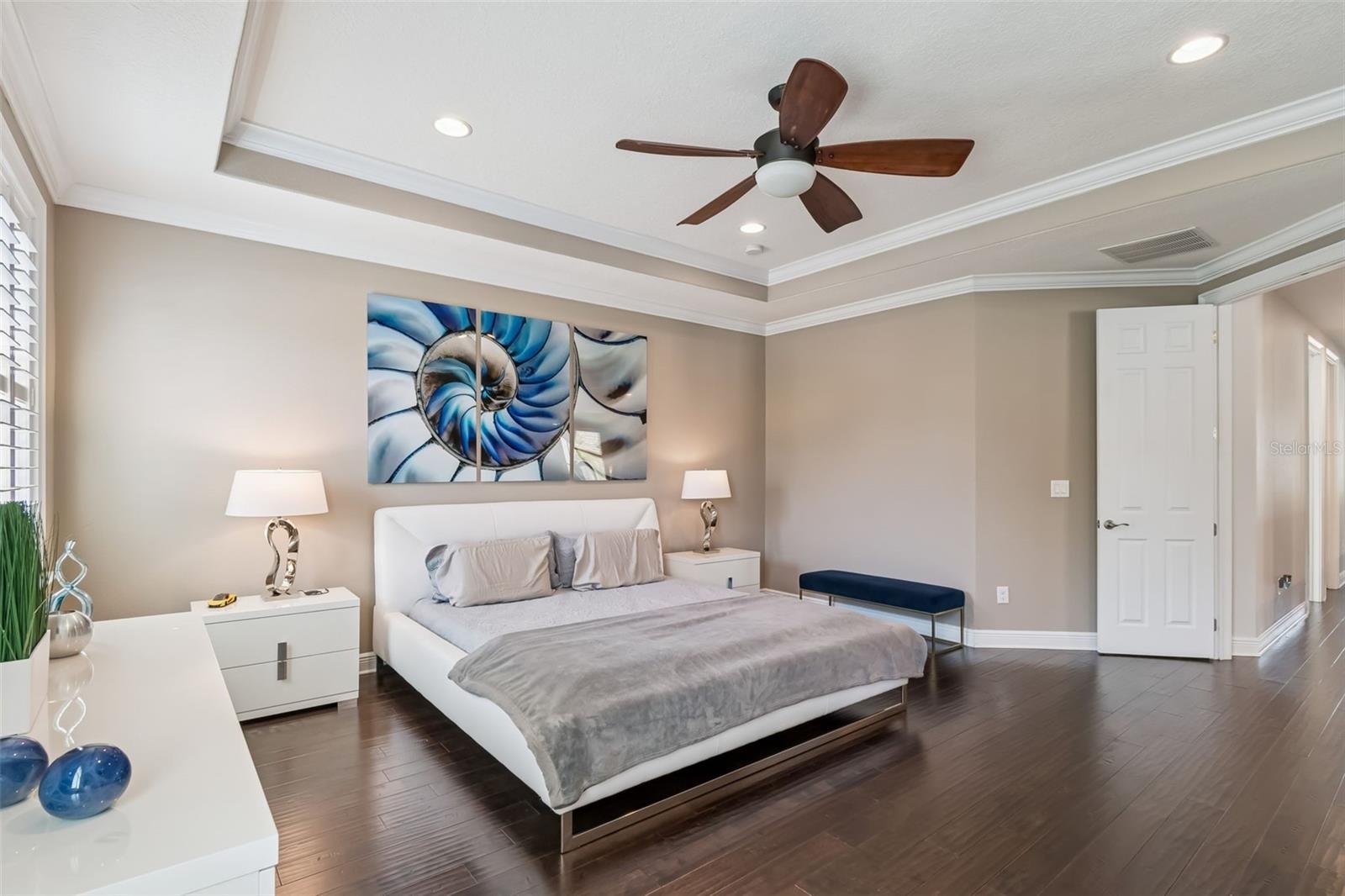 The spacious primary bedroom is filled with natural light and features a tray ceiling and wood flooring.