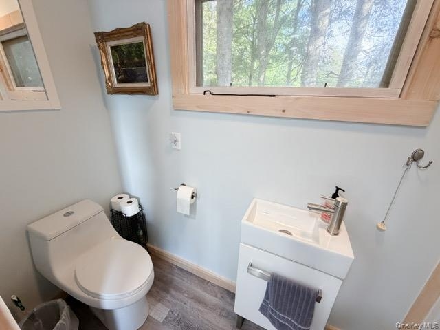Compact vanity with an integrated basin and a brushed nickel faucet