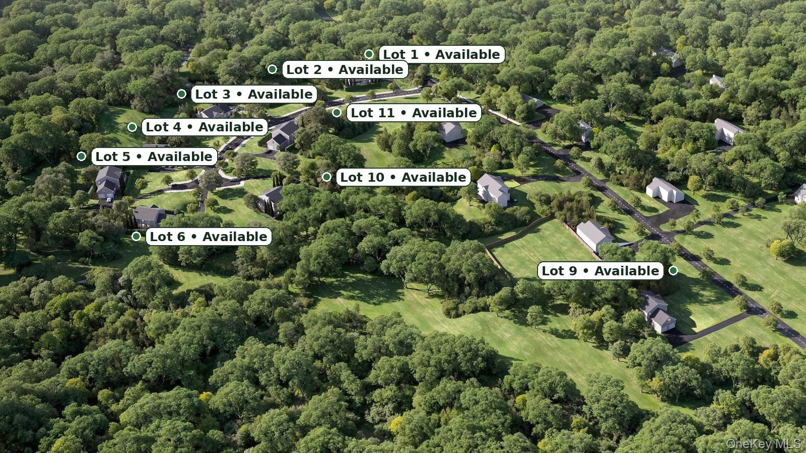 Aerial perspective of a development featuring multiple available lots, established residences, private driveways, and expansive green spaces surrounde